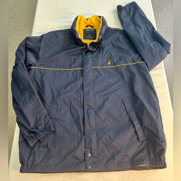 Nautica Windbreaker Weather Resistant Navy w/Yellow Lining & Hidden Hood Size 3X - Picture 10 of 12